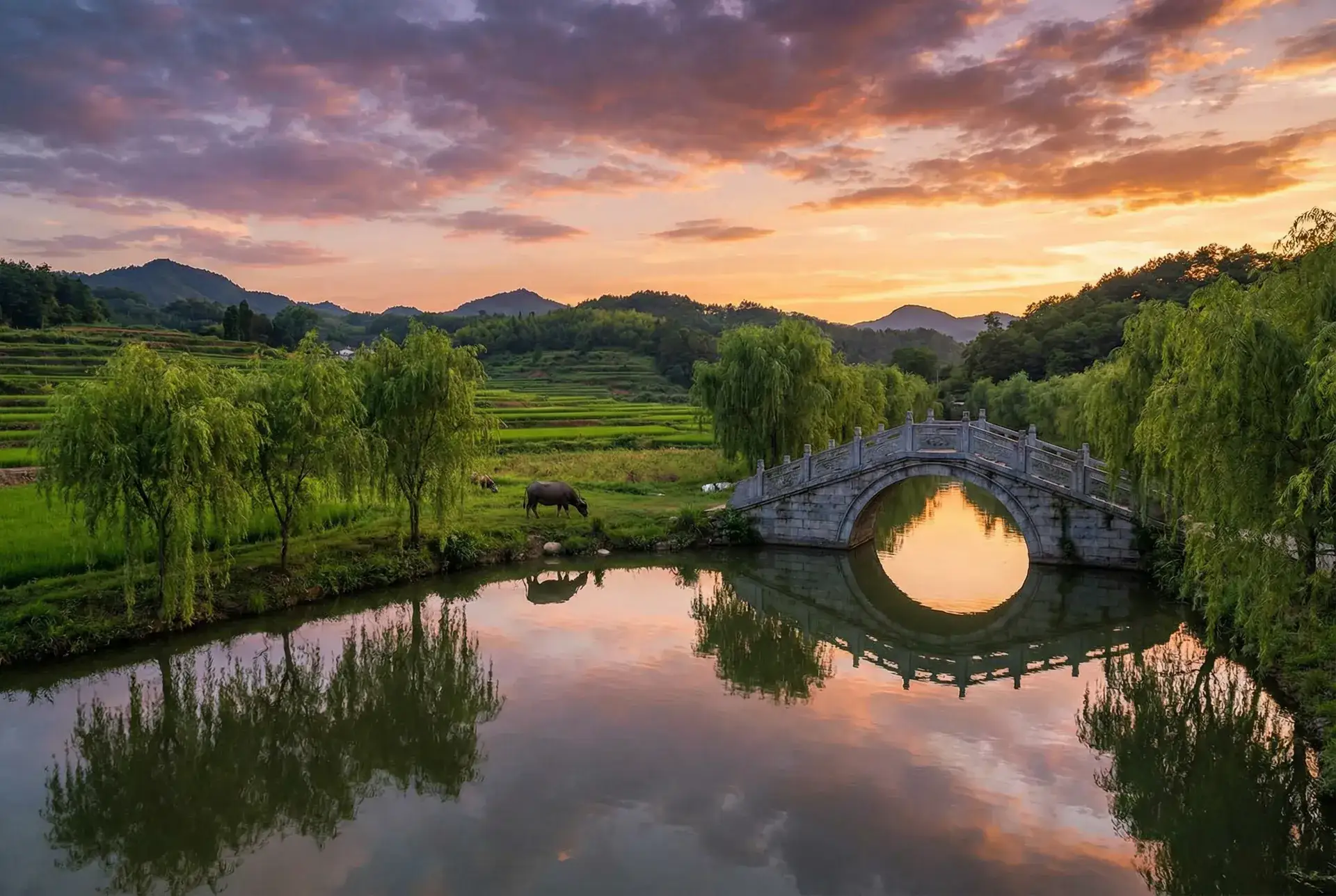 夕阳下的石拱桥与垂柳，水牛在河边吃草 - 漂亮女人(韩国) 乡村美景
